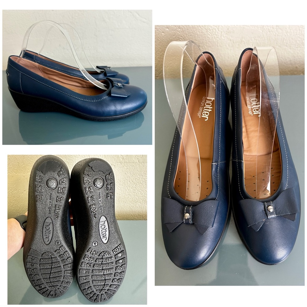 Hotter 'Monaco' Navy Leather Bow Mini Wedge Ballet Comfort Shoes US 10 UK 8 NWOB